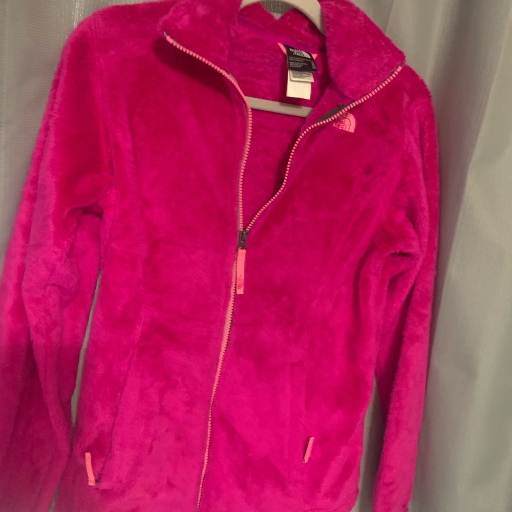 Pink fuzzy North Face jacket